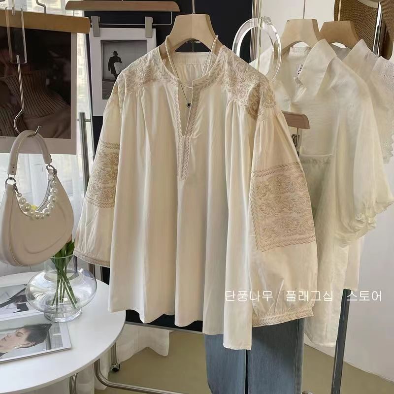 Plus-Size Women's 150kg Regular Shoulder Heavy Embroidery Shirt Plus-Size Women's Clothing for Covering Belly and Slimming Plus-Size Women's 150kg Regular Shoulder Heavy Embroidery Shirt Plus-Size Women's Clothing for Covering Belly and Slimming