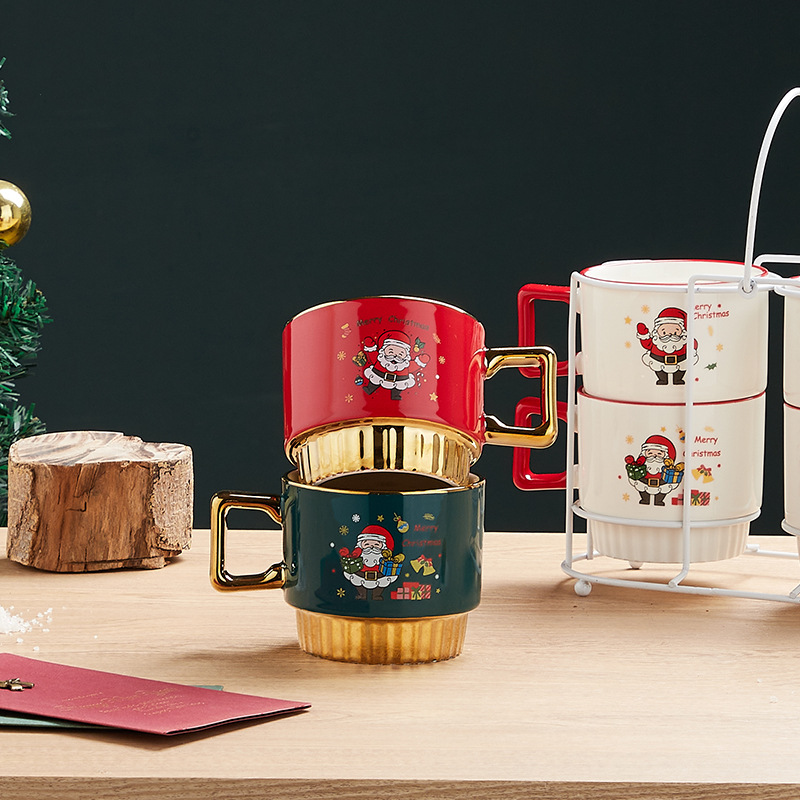 Amazon Venta caliente Navidad taza Taza de cerámica con estante Navidad regalo traje al por mayor
