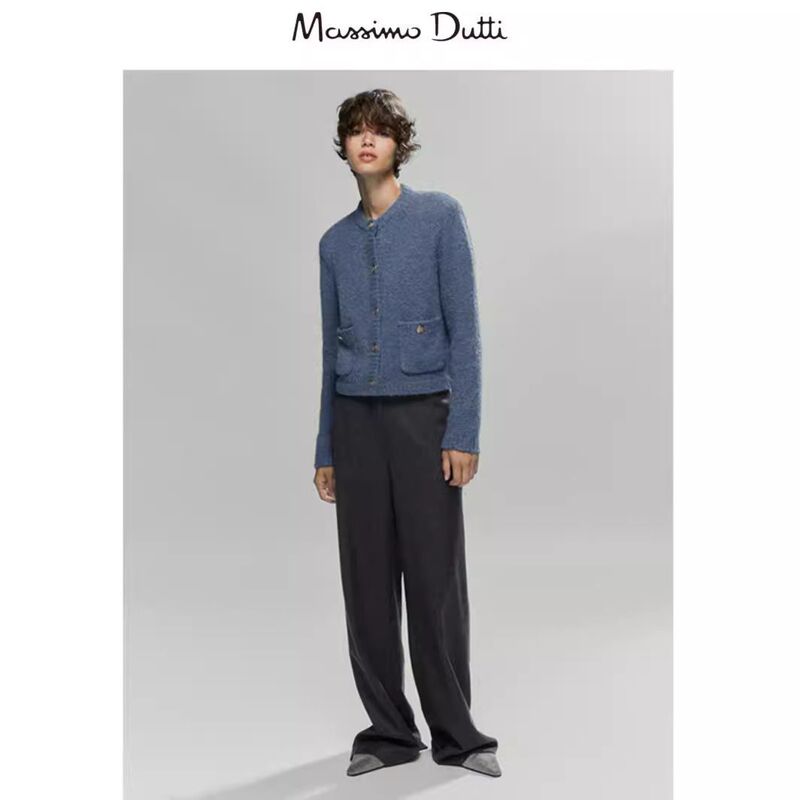Massimo Dutti Women's 2026 Spring New Style Chanel-Style Blue Sweater Knitted Cardigan Short Jacket Massimo Dutti Women's 2026 Spring New Style Chanel-Style Blue Sweater Knitted Cardigan Short Jacket