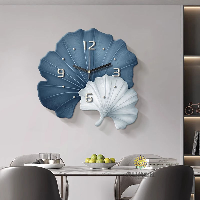 银杏叶带钟表挂墙餐厅装饰画简约客厅挂钟创意电视沙发背景墙时钟