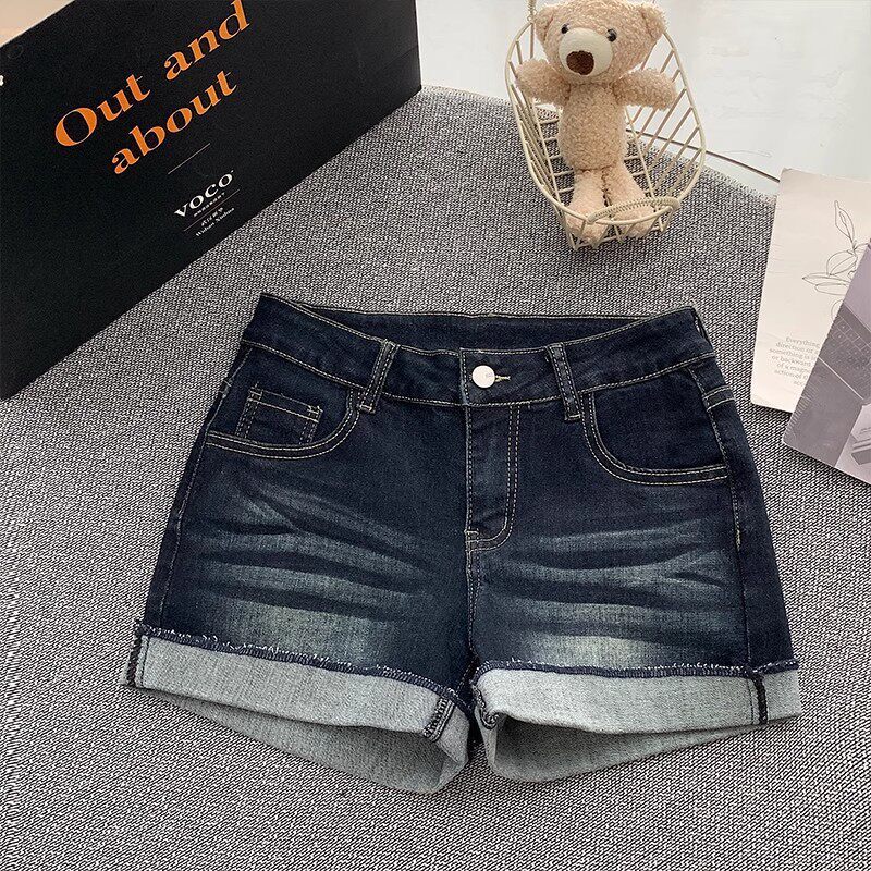 Plus-Size Stretchy Low-Waist Cuffed Denim Shorts, New Summer Style for Petite Figures, Pear-Shaped Body, Slimming and Hip-Hugging Hot Pants