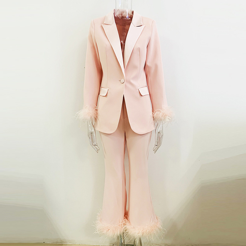 In Stock 2026 New European and American Fashion Elegant Real Feather Ostrich Feather Blazer and Cropped Pants Two-Piece Set