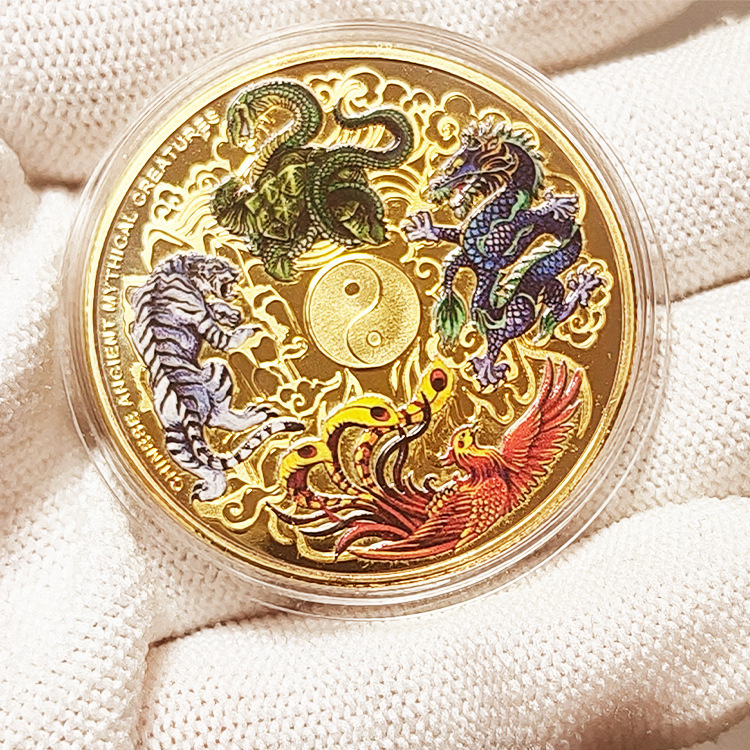 Four Mythical Beasts: Green Dragon, White Tiger, Red Bird, and Black Turtle Painted Gold Coin Commemorative Medal Collectible Ornament Metal Crafts Coin Four Mythical Beasts: Green Dragon, White Tiger, Red Bird, and Black Turtle Painted Gold Coin Commemorative Medal Collectible Ornament Metal Crafts Coin