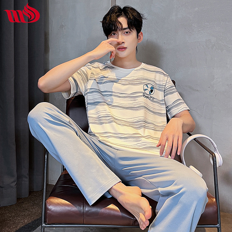 Mulong Shijia Summer New Short-sleeved Trousers Loose plus size Comfortable Pure Cotton Pullover Pajamas Men's Home Clothes suit