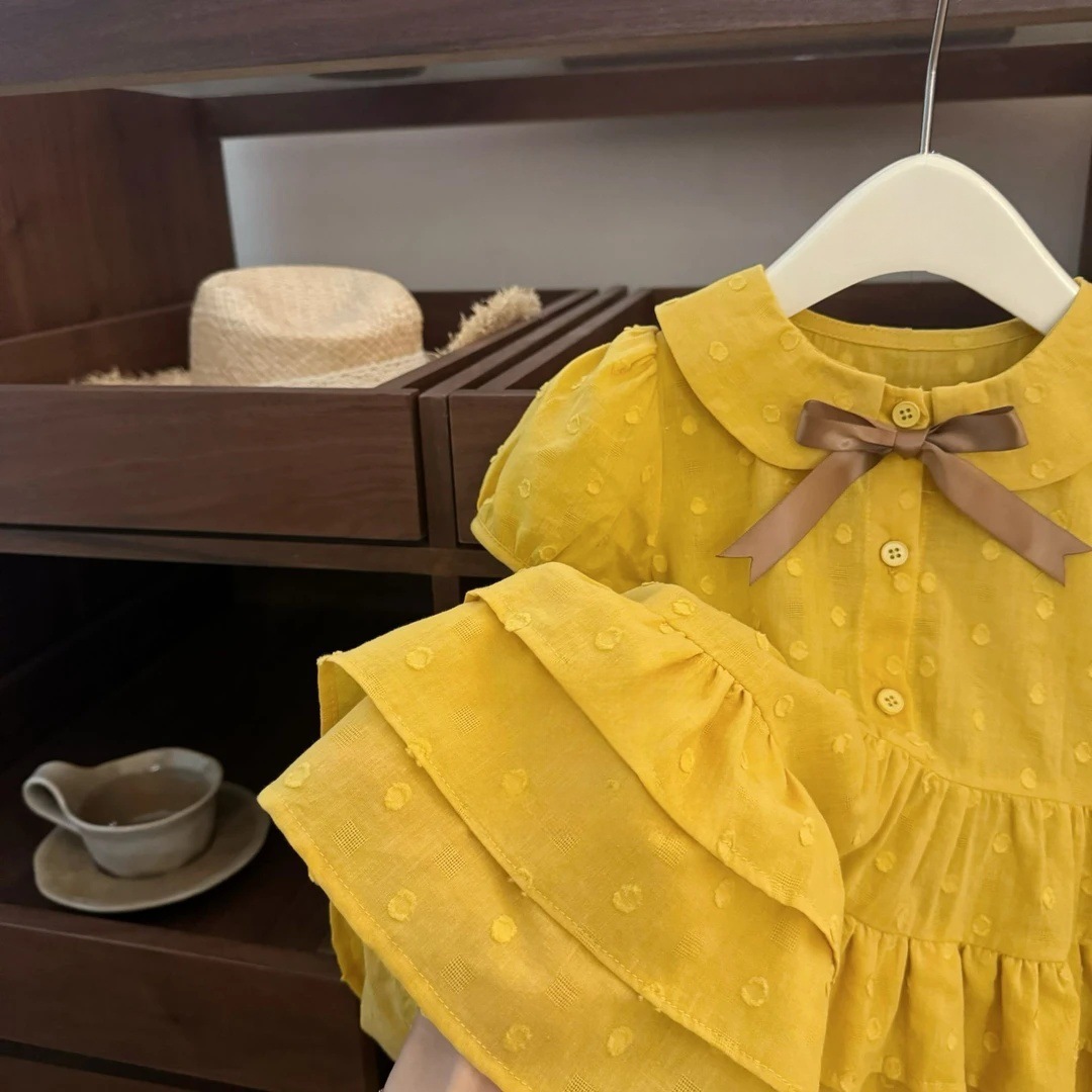 [Xianning Seven] ¡Súper blanco! Vestido de princesa de pastel de jacquard de lunares amarillos de estilo universitario dulce de bebé coreano