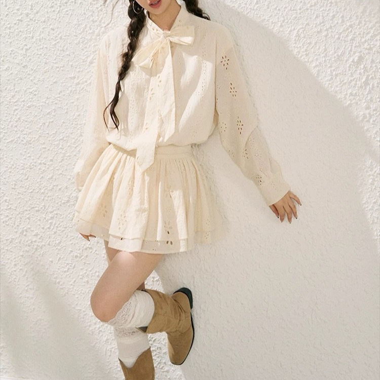 French Hollow Flower Floating Collar Shirt Women's Jacket Slimming Cake Skirt Suit