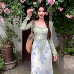 EI尭【花開半夏】新中国式レトロ花ワンピース女性夏カーディガンサスペンダースカート2点セット