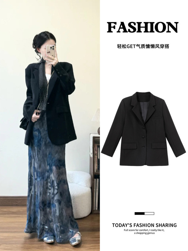 黑色西装外套女秋季2025新款正肩宽松休闲西服韩系高级感穿搭薄|undefined