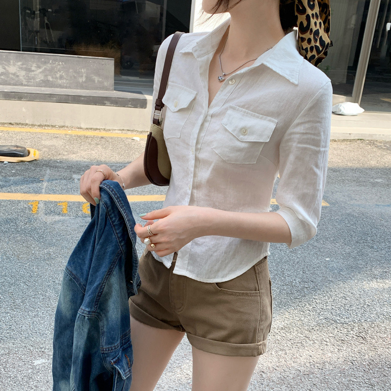 European French Lace-Up Waist Linen Mid-Sleeve Shirt for Women Summer 2025 New Style Foreign Style Unique Chic Top