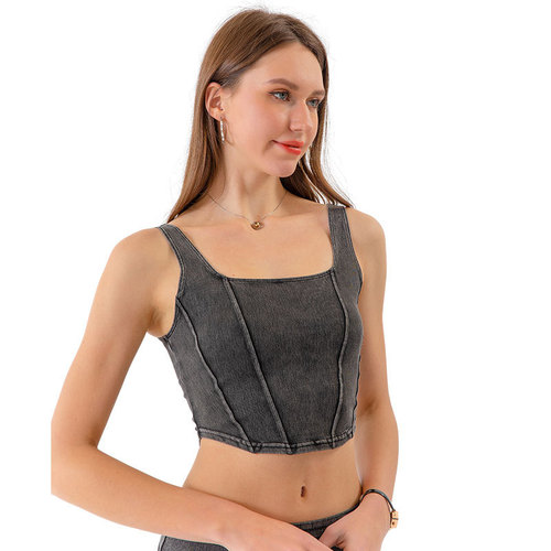 European and American new denim yoga sports vest for women, U-shaped elastic slimming and beautiful back, quick-drying fitness top for outer wear