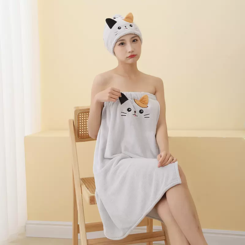可穿浴巾可爱猫咪抹胸家用洗澡浴袍干发帽卡通裹胸珊瑚绒浴裙批发