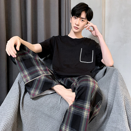 Men's Summer Short Sleeve Long Pants Simple Home Clothes Thin Cotton Men's Plus Size Youth Student Casual Pajamas