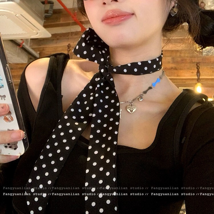 杨超越同款黑色波点丝巾女系脖高级感长款丝带领巾百搭发带配饰品|undefined