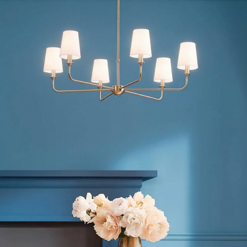 Cross-Border American Simple Golden Chandelier White Linen Tone Farmhouse Industrial Style Suitable for Kitchen Living Room Dining Room