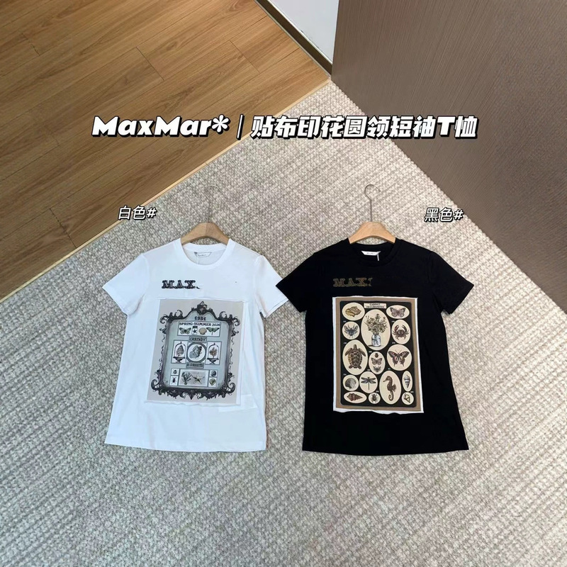 High-Quality Max Summer 26 New Heavy Embroidery Printed Short-Sleeve Women's Loose Versatile Round-Neck Half-Sleeve T-Shirt Trendy