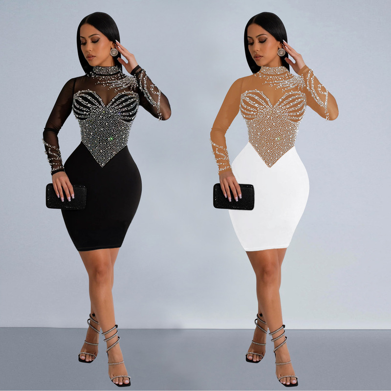 C6915 cross-border AliExpress Amazon European and American fashion women's solid color mesh rhinestone long sleeve skirt dress
