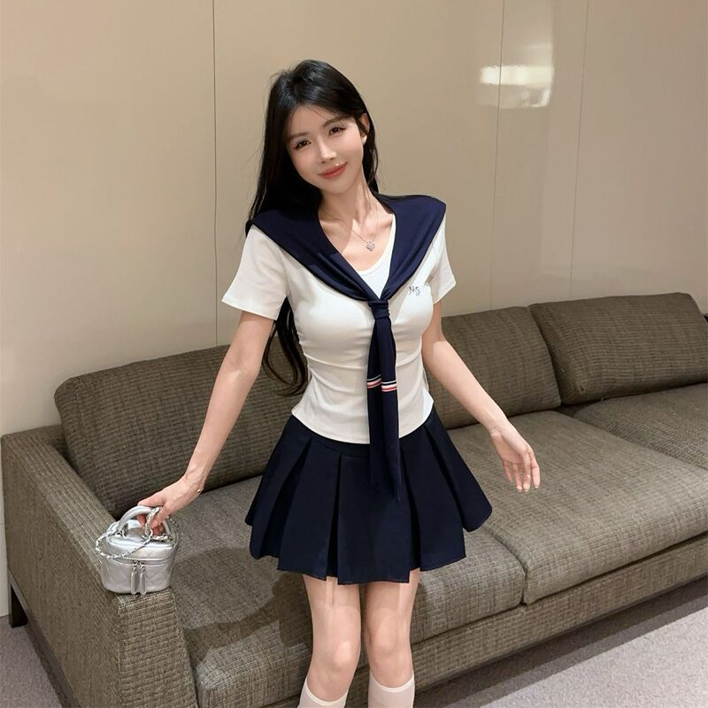New Preppy Style Uniform Hot Girl Shawl Short-Sleeved T-Shirt Top High-Waisted A-Line Pleated Skirt Jk Two-Piece Set for Women