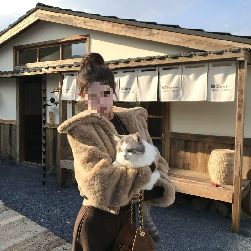 慵懒毛绒长袖短款外套保暖上衣秋季修身打底衫休闲阔腿长裤三件套