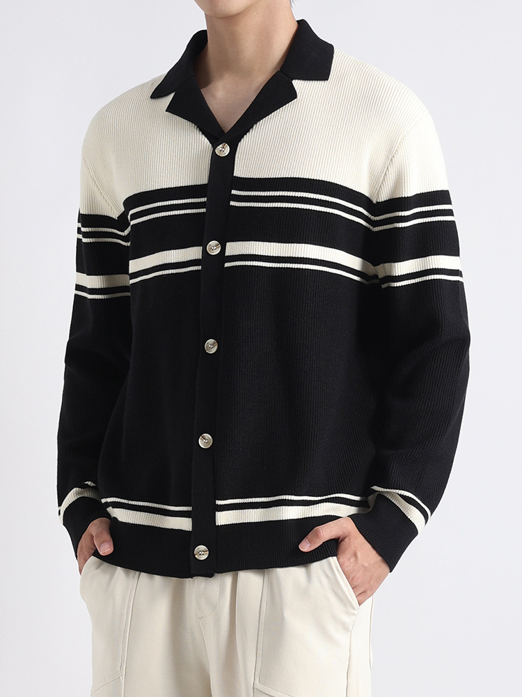 Hombres coreanos cuello cubano color contrastante botón de manga larga suéter de punto para hombre perezoso cardigán rayado chaqueta chaqueta para hombre