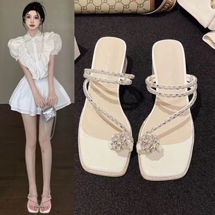 Women's 2025 Summer New Style One-Line Rhinestone Thong Sandals Square Toe Transparent Thick Heel Outer Wear Sandals