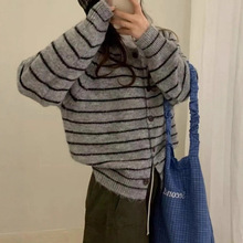 韩系软糯条纹圆领针织衫开衫女装秋冬复古风宽松毛衣外套显瘦上衣