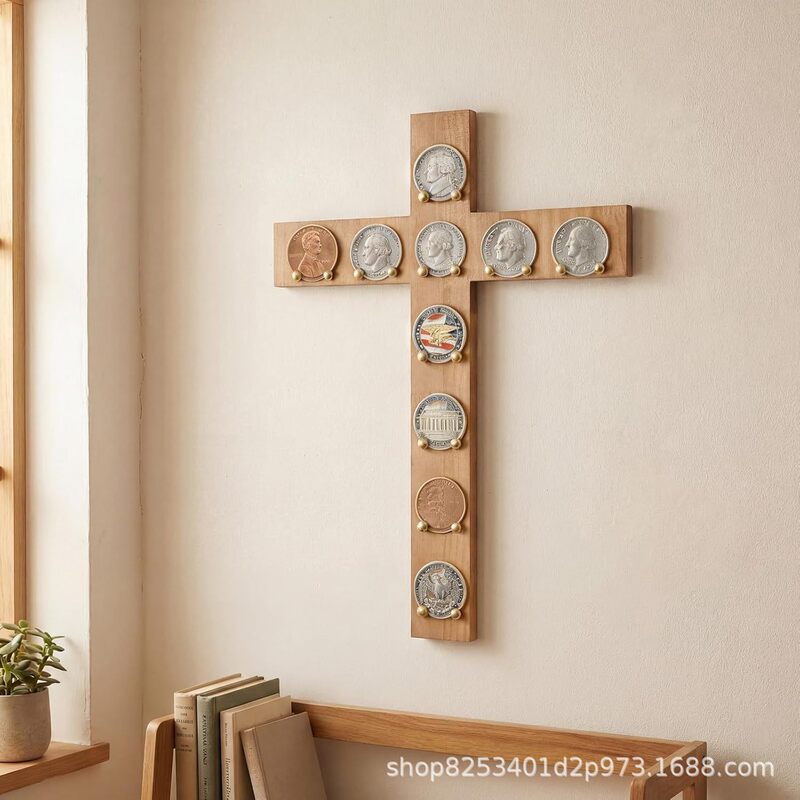 Wooden Wall-Mounted Challenge Coin Display Rack, Military Challenge Coin Storage Rack, Cross-Shaped Solid Wood Display and Collection Rack