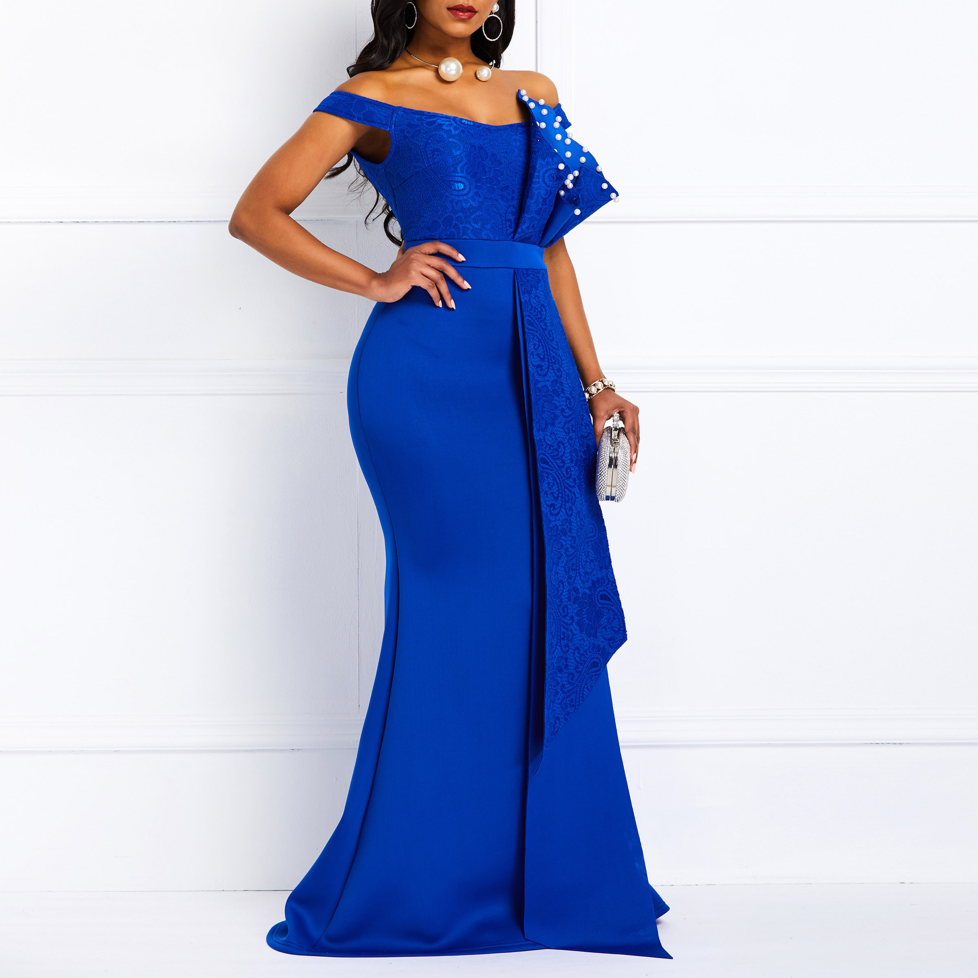 Elegante vestito da sera donna per ballo con perline e pizzo_voghion.com