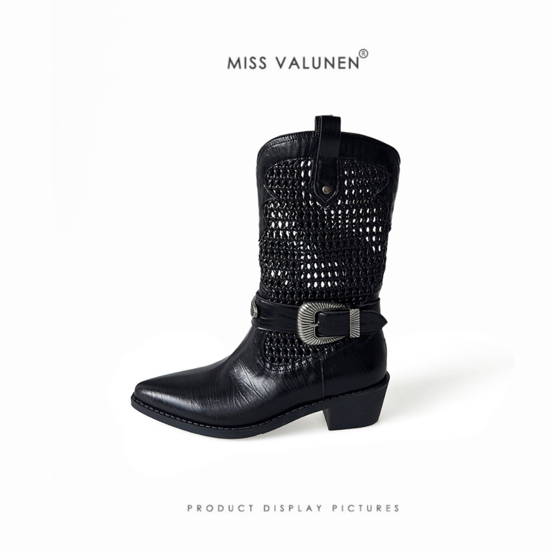 Miss Valunen's New Spring and Summer Hollow-Out Western Cowboy Boots, Woven Western Boots, Riding Boots