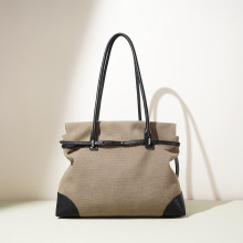 2025年秋冬新款大容量托特包包女撞色牛皮休闲帆布单肩斜挎通勤包