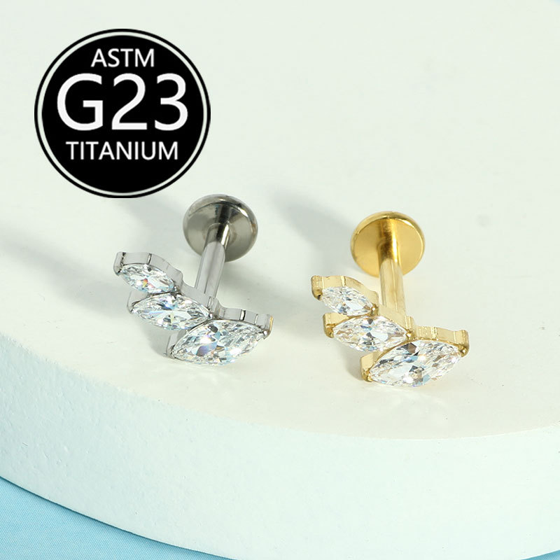 G23 Titanium Lip Piercing Jewelry Marquise Zircon Leaf Diamond Stud 16g Labret detail image 6