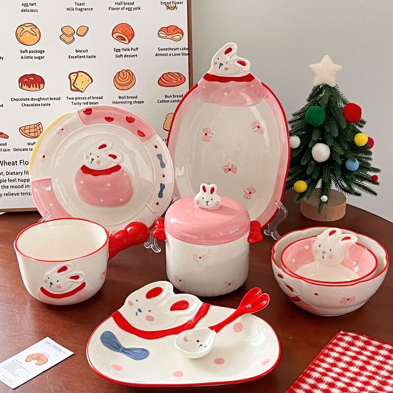 女の子向けの手描きの高級食器、かわいい寮のボウル、陶器の食器セット、皿、スプーン、ヨーグルトボウル、カップ|undefined