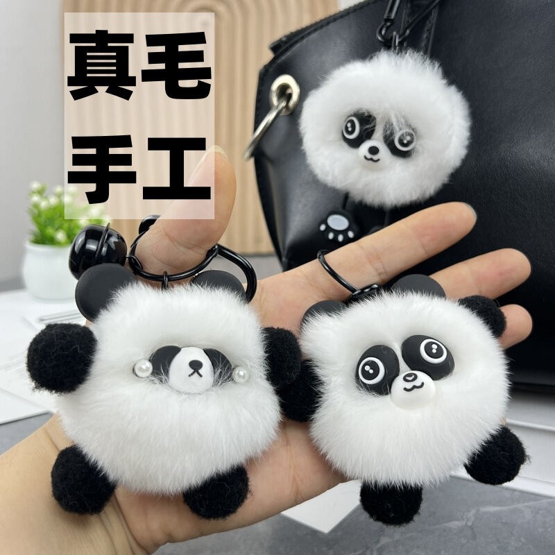 Real Rex rabbit fur panda small bristle pendant cute plush car keychain cartoon elf backpack bag ornaments