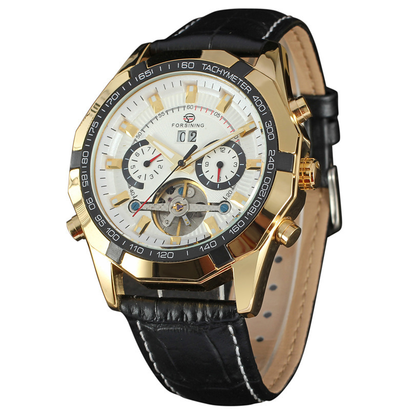 Forsining hombres moda casual gran dial Tourbillon reloj mecánico automático calendario semana reloj