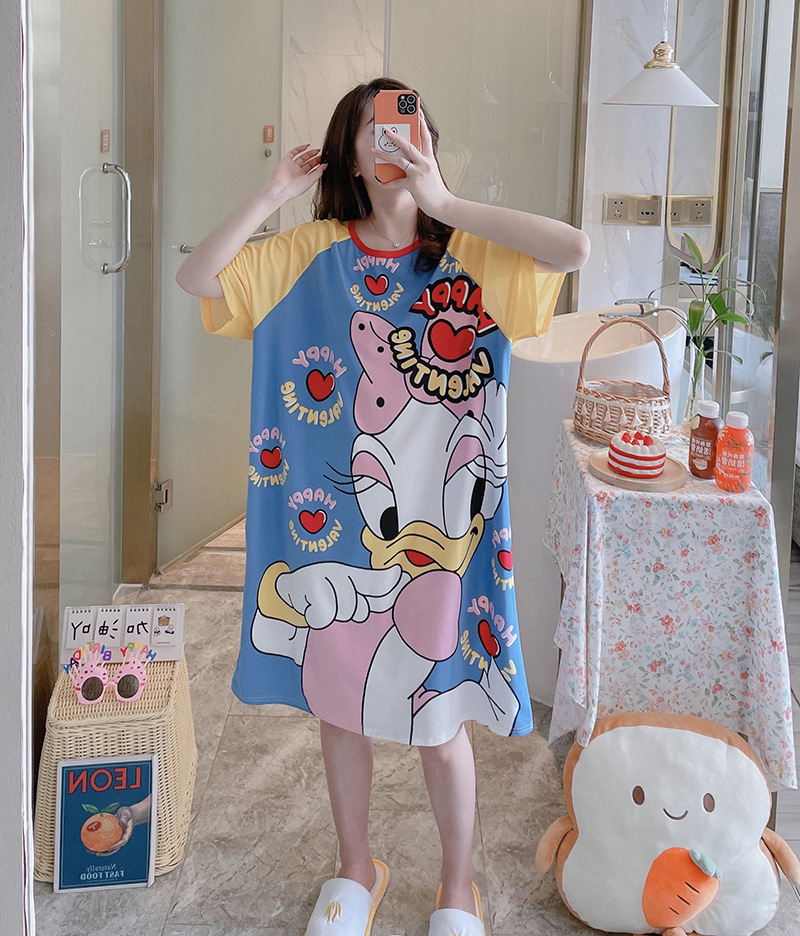Camisón de verano de las mujeres camisón de manga corta de comercio exterior de dibujos animados pijamas delgados de una sola pieza vestido lindo homewear