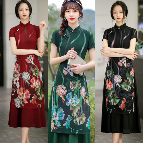 Women dark green floral Chinese dress Oriental Retro Qipao Cheongsam model show miss etiquette dress young Chinese cheongsam long Chinese wind