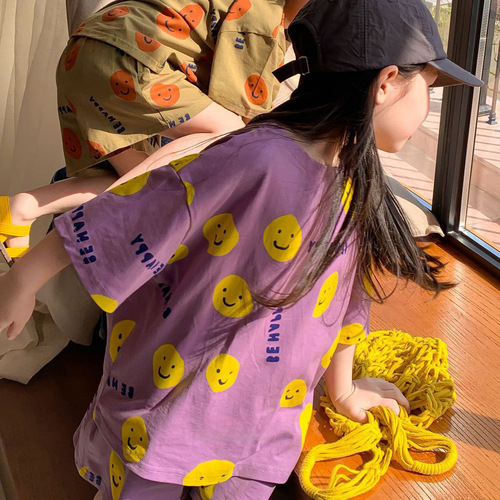 Summer unisex kids' set baby trendy children's personalized fashion internet celebrity Korean style sport full print smile T-shirt shorts
