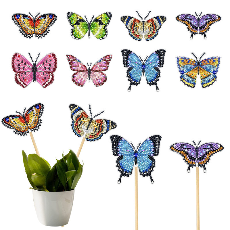 Estacas decorativas para macetas con diseño de flores para decoración de plantas en el hogar y escritorio, fabricante de estacas de jardín hechas a mano con pegatinas de diamantes DIY.