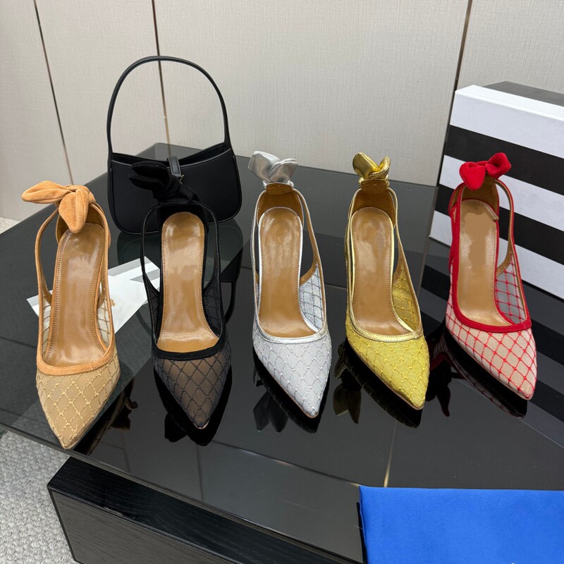 Haute Couture 2026 New Mesh Pointed Toe Shallow Mouth Goatskin High Heels Bow Strap Genuine Leather Stiletto High Heel Sandals