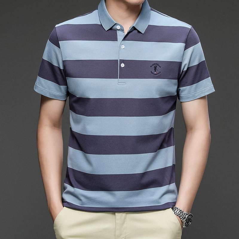 Exclusivo transfronterizo para verano nuevo estilo de algodón bordado de manga corta camiseta de hombre a rayas casual solapa de gran tamaño camisa POLO para hombre