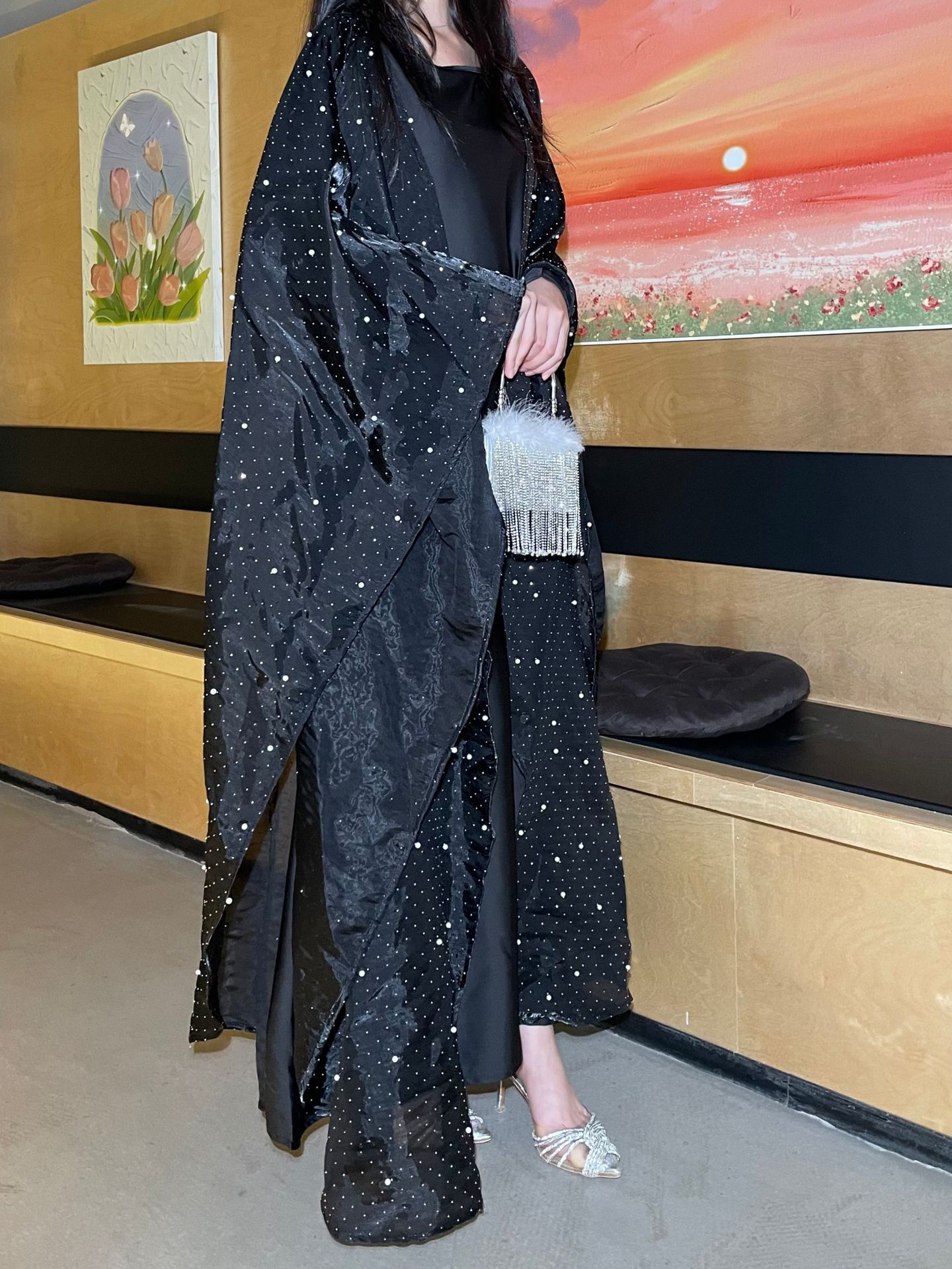 Dubai Abaya Set - Embellished Long Sleeve Open Front Cover With Beaded Detailing (Black, S-L) | Modest Luxury Two-Piece Outfit_voghion.com