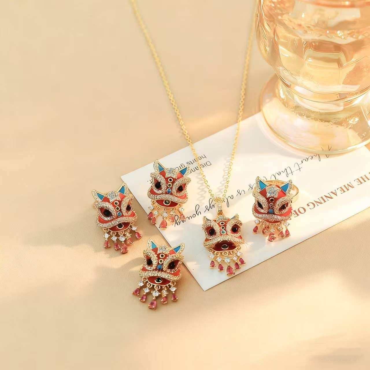 Chinese Style Lion Awakening Brooch New Year Gift Suit Accessory Jacket Pin Brooch Necklace Earrings Ring