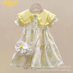 Women's Summer 2022 Lightweight Chiffon Dress for Girls, Children's Frill Collar Floral Dress, New Style for Little Girls