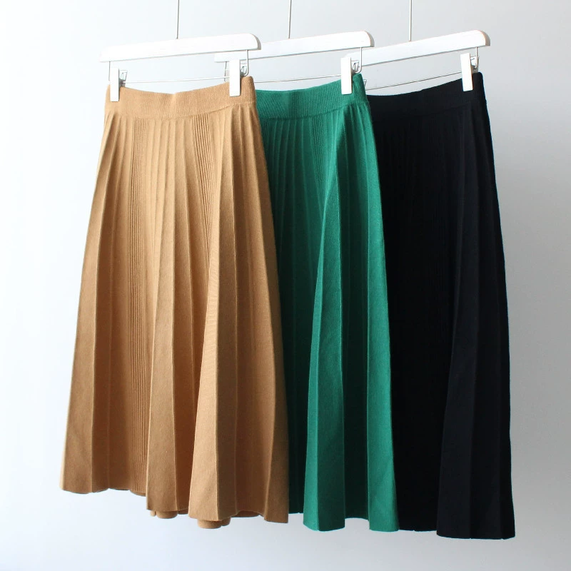 2023А-силуэта Женская осенне-зимняя новая трикотажная юбка средней длины с высокой талией, Толстая шерстяная юбка