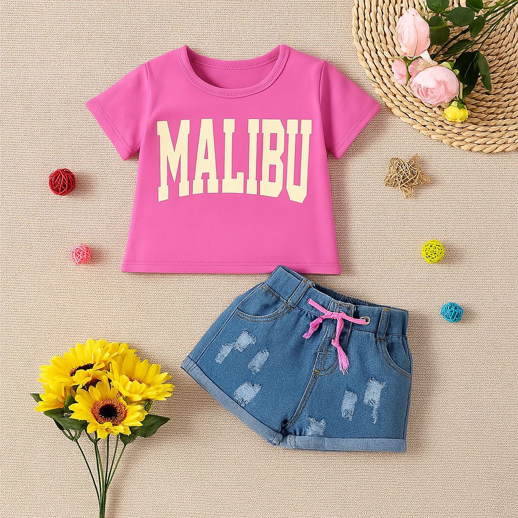 SAMGAMI BABY童装夏季新款ins女童洋气套装字母印花上衣+牛仔短裤