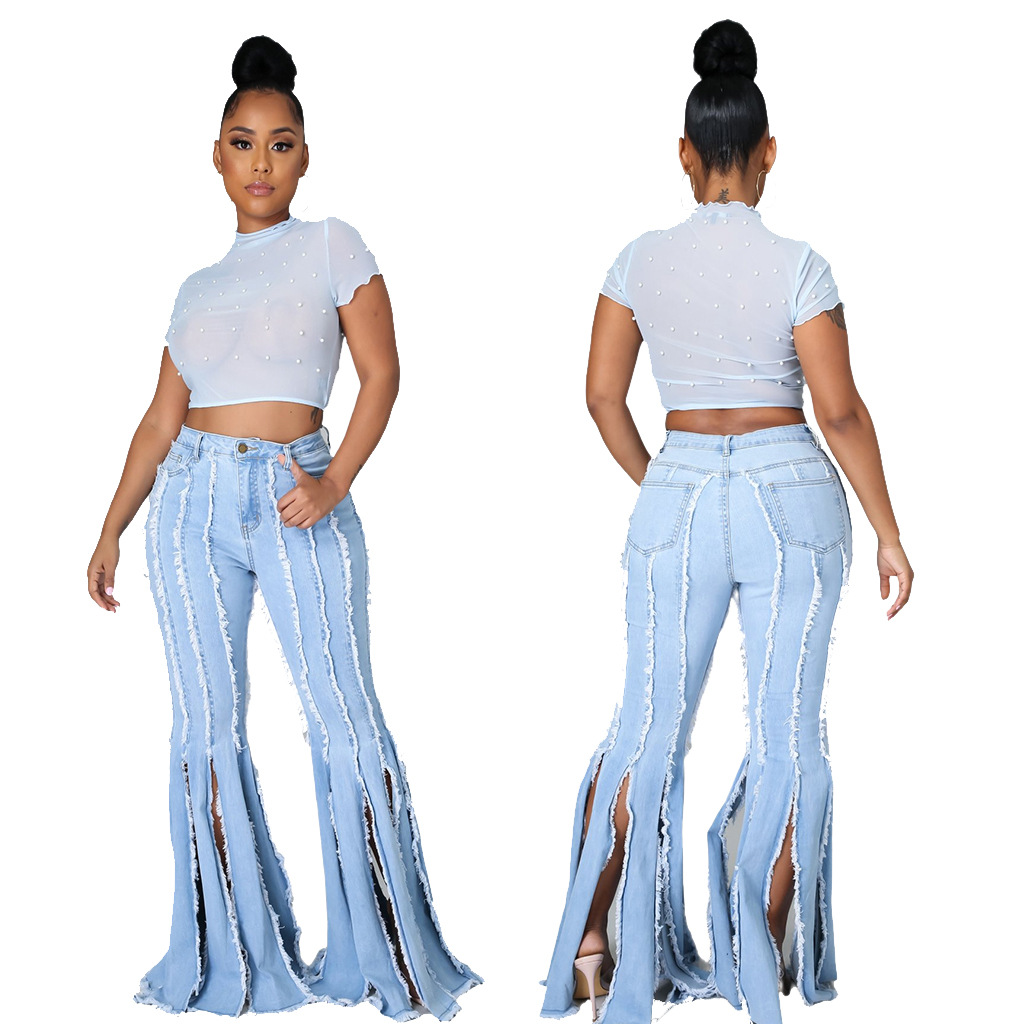 fashion wild fringed stretch denim flared pants wholesale women s clothing Nihaostyles NSSF68446