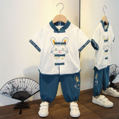 男児漢服中国風子供服赤ちゃん夏服半袖セット夏綿麻唐服演出服2点セット