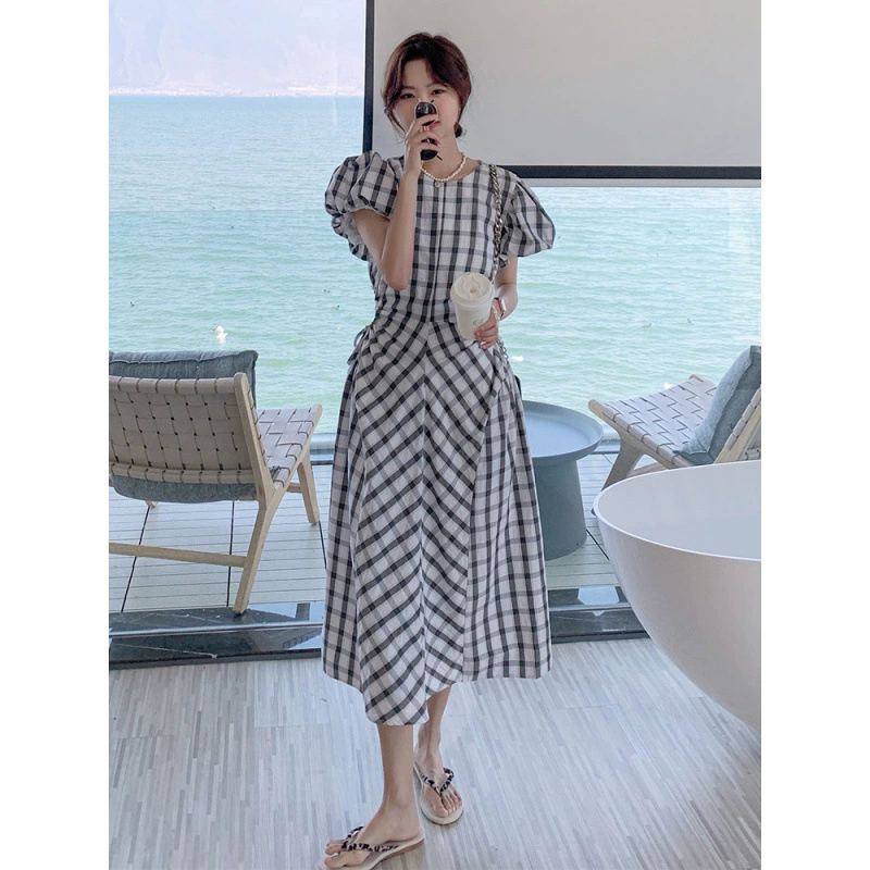Клетчатое платье с пышными рукавами для женщин, лето 2022, новый стиль, тонкая длинная юбка без талии во французском стиле ретро в дворцовом стиле