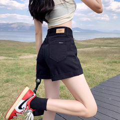 黑色牛仔短裤女夏季薄款2025新款大码高腰弹力显瘦a字阔腿热裤子