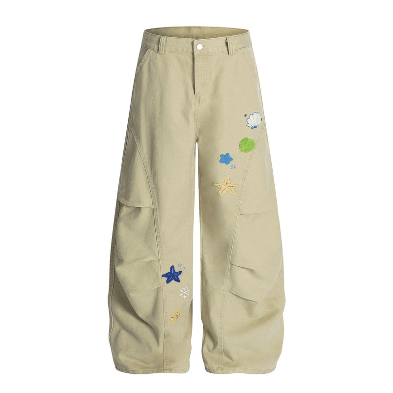 Trendy Cartoon Starfish Embroidery Patch Casual Pants with a Loose Wide-Leg Pleated Scimitar Design for Men and Women