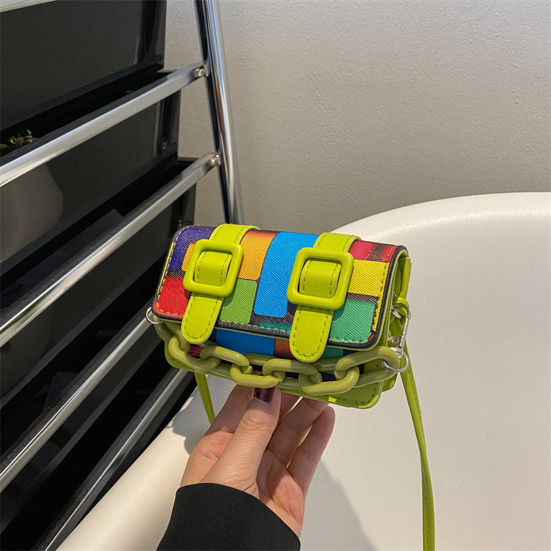 Bolsos transfronterizos de moda, bolso cuadrado pequeño, nuevo bolso de hombro con bloques de color arcoíris, bolso cruzado con bloques de color, mini bolso cuadrado pequeño para niños